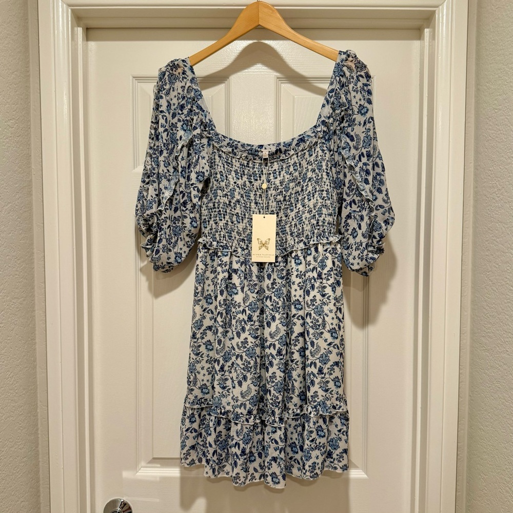 NWT$268 SUPER NATURAL by SECRET MISSION Denim Blue Floral Greenport Dress Small